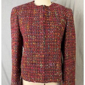 Rena Rowan Textured Multicolor Tweed Zip Front Collarless Jacket Women 10